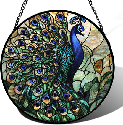 Stained Glass Window Hanging, Turquoise Peacock Sun Catcher for Door Home Decor Blue Green Suncatcher Christmas Mother's Day Birthday Gifts for Women Men Mom and Nana 11.8 in