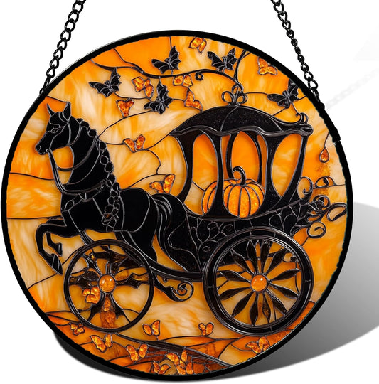 Stained Glass Window Hanging - Halloween Pumpkin Carriage Suncatcher for Doors Window Garden Indoor