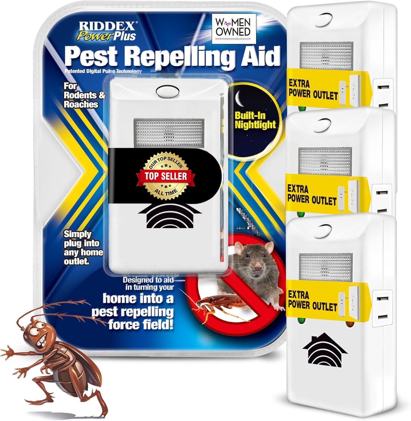 RIDDEX Power Plus Insect Repellent | Plug in, Mouse Deterrent - Pest Control for Defense Against Rats, Mice, Roaches, Bugs and Insects | Control Pests with No Toxins with Side Outlet | 3-Pack
