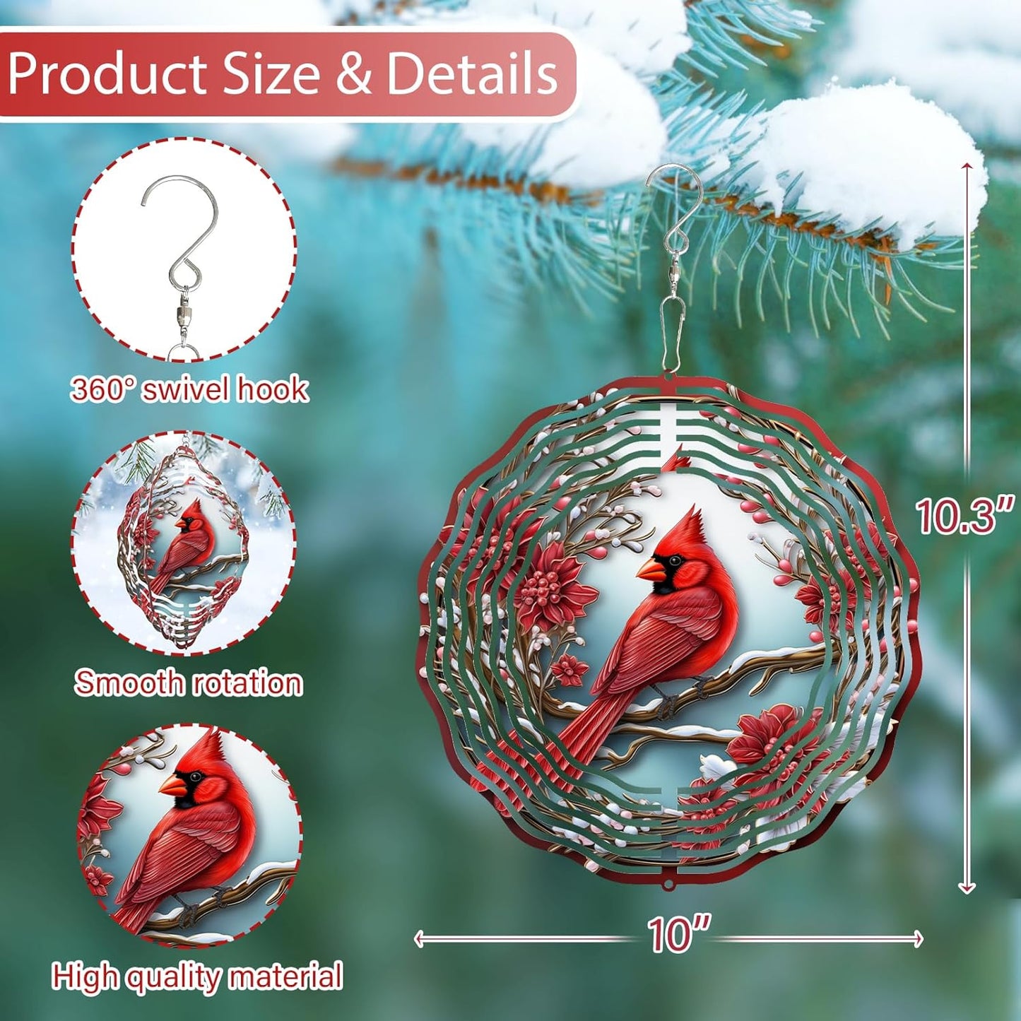 3D Cardinal Bird Wind Spinner 10 Inch Stainless Steel Metal Art Kinetic Sculpture Red Bird Hanging Ornament for Garden, Yard, Patio, and Home Décor Christmas Decor