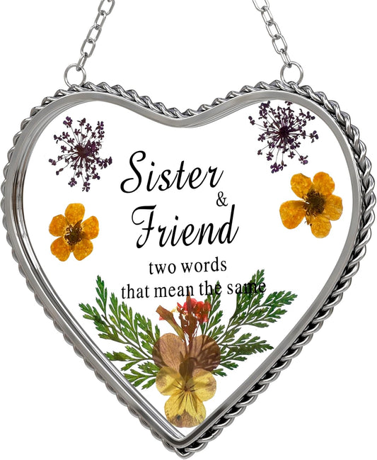 KY&BOSAM Stained Glass Sister Heart Suncatcher Window Hanging Decor with Pressed Real Flower for