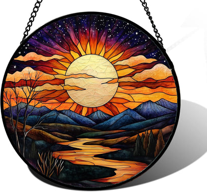 Stained Glass Window Hanging, The Sun Shines Brightly on Lake Sun Catchers Colorful Glass Panel Suncatcher Decor for Birthday for Women, Men, Wife, Lovers, and Mom 11.8x11.8 in