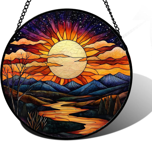 Stained Glass Window Hanging, The Sun Shines Brightly on Lake Sun Catchers Colorful Glass Panel
