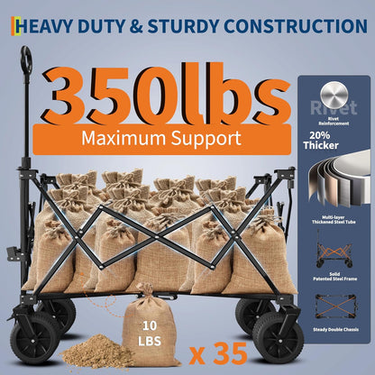 35" Foldable Wagon for Beach with 350lbs Weight Capacity, Heavy Duty 280L Extra Large Collapsible Foldable Wagon for Camping, All Terrain Beach Wagons Extended with Cup Holders for Sand