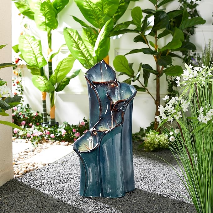 Glitzhome 31.25" H Outdoor Water Fountain with LED Lights and Pump, 4 Tier Turquoise Lotus Leaf Textured Ceramic Floor Standing Fountain, Vase Waterfall Fountains for Porch Deck Garden Patio Backyard