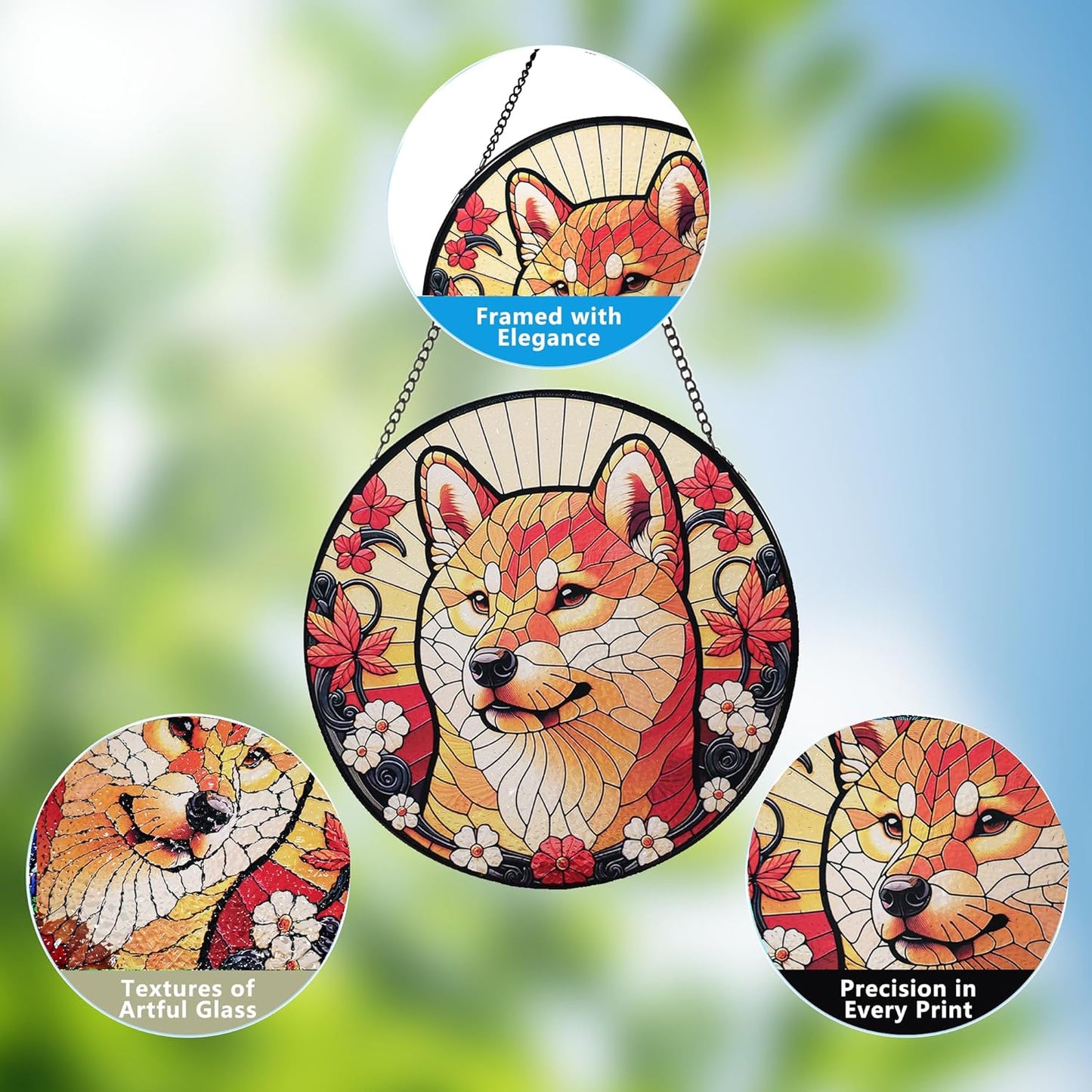 Stained Glass Dog Memorial Suncatcher,Shiba Inu Window Hanging,Sympathy Gifts for Pet Loss,7.9 inch/20 cm Home and Garden Decor for Dog Lovers (Shiba Inu)
