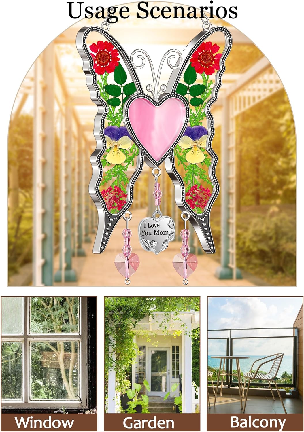KY&BOSAM Gifts for Mom Suncatcher Butterfly Mother`s Day Gifts I Love You Mom Stained Glass Panels Heart for Window Hanging Wind Chime Pressed Real Flowers Wings Unique Design Birthday Gift for Women