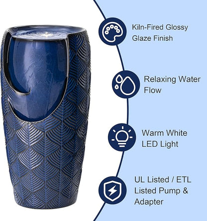 Glitzhome 29.25" H Oversized Ceramic Vase Outdoor Water Fountain, Tall Scale-Like Textured Glaze Patio Garden Water Fountain with LED Light and Submersible Pump Yard Art Decor, Cobalt Blue