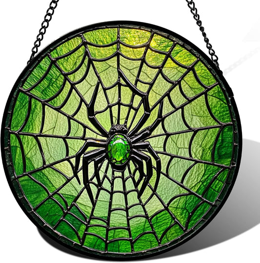Stained Glass Window Hanging - Black Green Horror Spider Web Suncatcher for Doors Garden Patio Sun