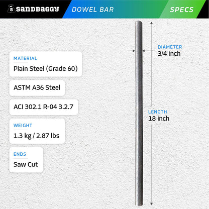 Sandbaggy Smooth Concrete Dowel Bar (3/4" W x 18" L) - Saw Cut Ends - Plain Grade 60 Steel - Construction Grade for Concrete Projects (10, Count)