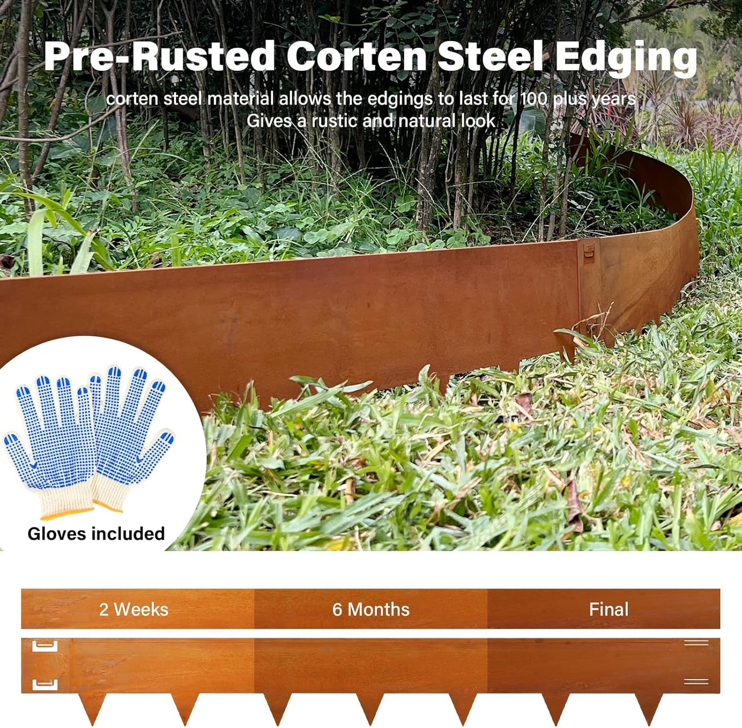 Cor-Ten Steel Landscape Edging 40 Inch Strips, 10-Inch Depth Metal Landscape Edging, 6-Pack Metal Garden Edging with Gloves, Bendable Rust Edging for Landscaping