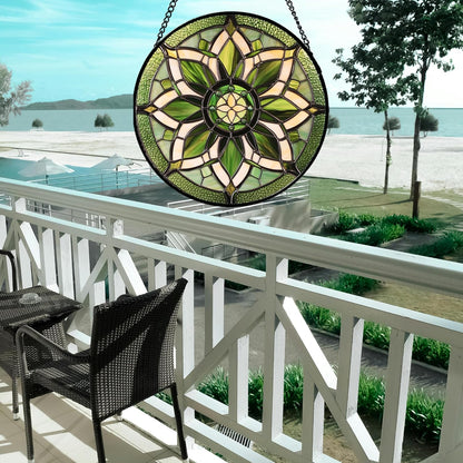 Stained Glass Window Hanging - White Green Boho Flower Suncatcher for Doors Window Home Sun Catchers Decor Christmas Mother's Day Birthday Gifts for Teacher Women Men Mom Nana 7.8 in