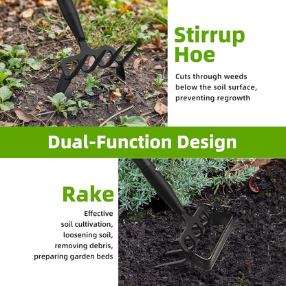 Weeding Hoe Garden Tool, 2 in 1 Stirrup Hoe and Cultivator with 62 inch Adjustable Long Handle, Heavy Duty Metal Garden Action Scuffle Hoes for Efficient Weeding Soil Aeration Small Weeder Tool