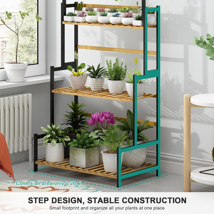 Ufine Bamboo Hanging Plant Stand 3 Tier Ladder Shelf with Hanging Rod Height Adjustable Flower Pot Display Organizer for Balcony Porch Living Room