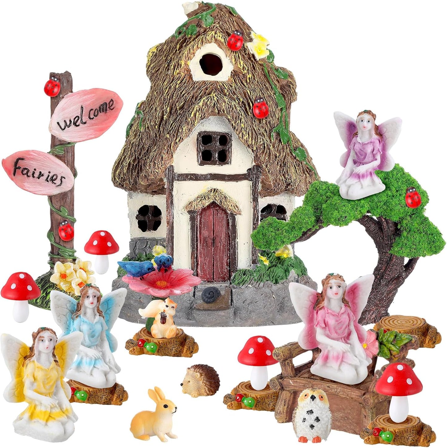 Leyndo 28 Pcs Solar House Garden Accessories Fairy Light up Fairy Figures Garden Kit Resin Miniature Mushroom House Figures Micro Landscape Ornaments(Classic)
