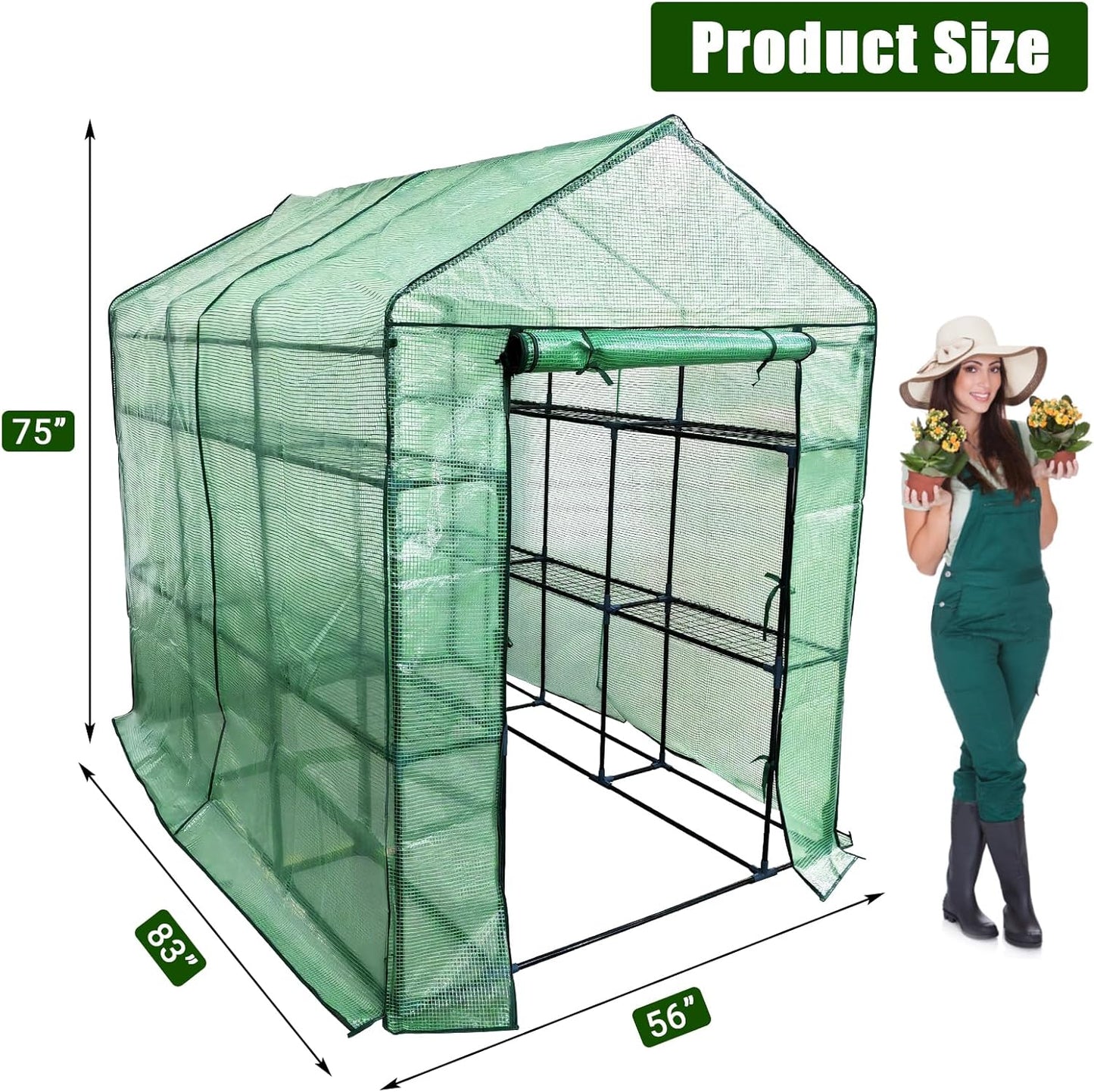 Greenhouse for Outdoors,Walk in 3-Tier 9 Shelves Green House w/ Roll-Up Zippered Door Anchors and Ropes,Waterproof & UV Protected Plant Garden Hot House for Garden Patio Backyard,57 x 85 x 76''