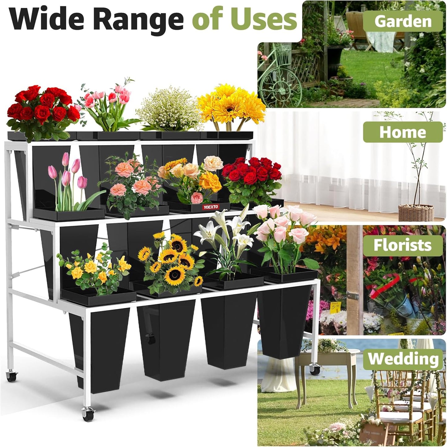 Flower Display Stand 3 Layers with 12 PCS Round Buckets, Plant Stand with Wheels, Movable Metal Plant Stand for Terrace Garden, Living Room, Florist Shop