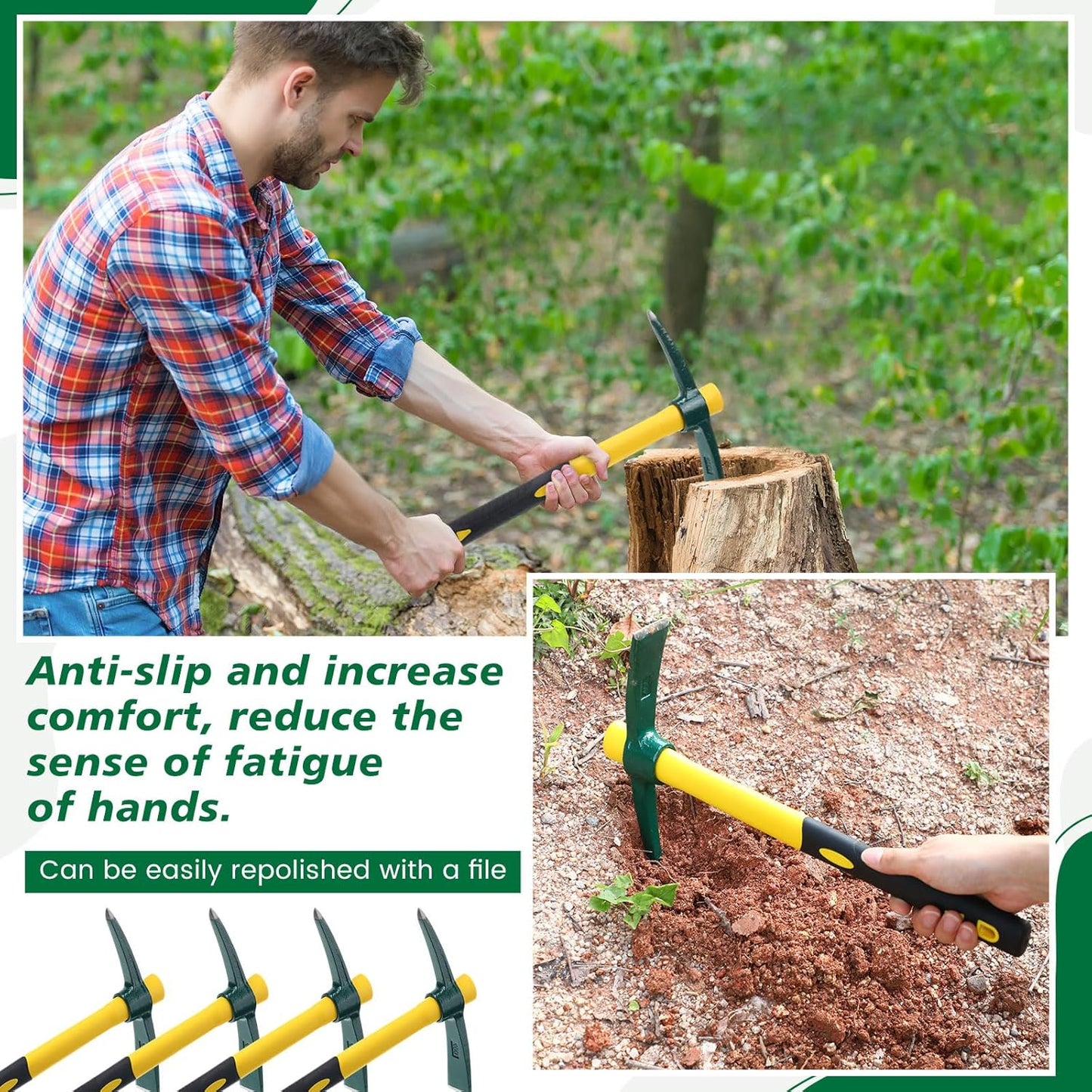 Lothee 6 PCS Pick Mattock Hoe 15 Inch Heavy Duty 1.5Lbs Forged Garden Pick Axe with Rubber Non-Slip Handle Weeding Mattock Hoe Agriculture Hand Tools for Weeding Cultivating Camping or Prospecting
