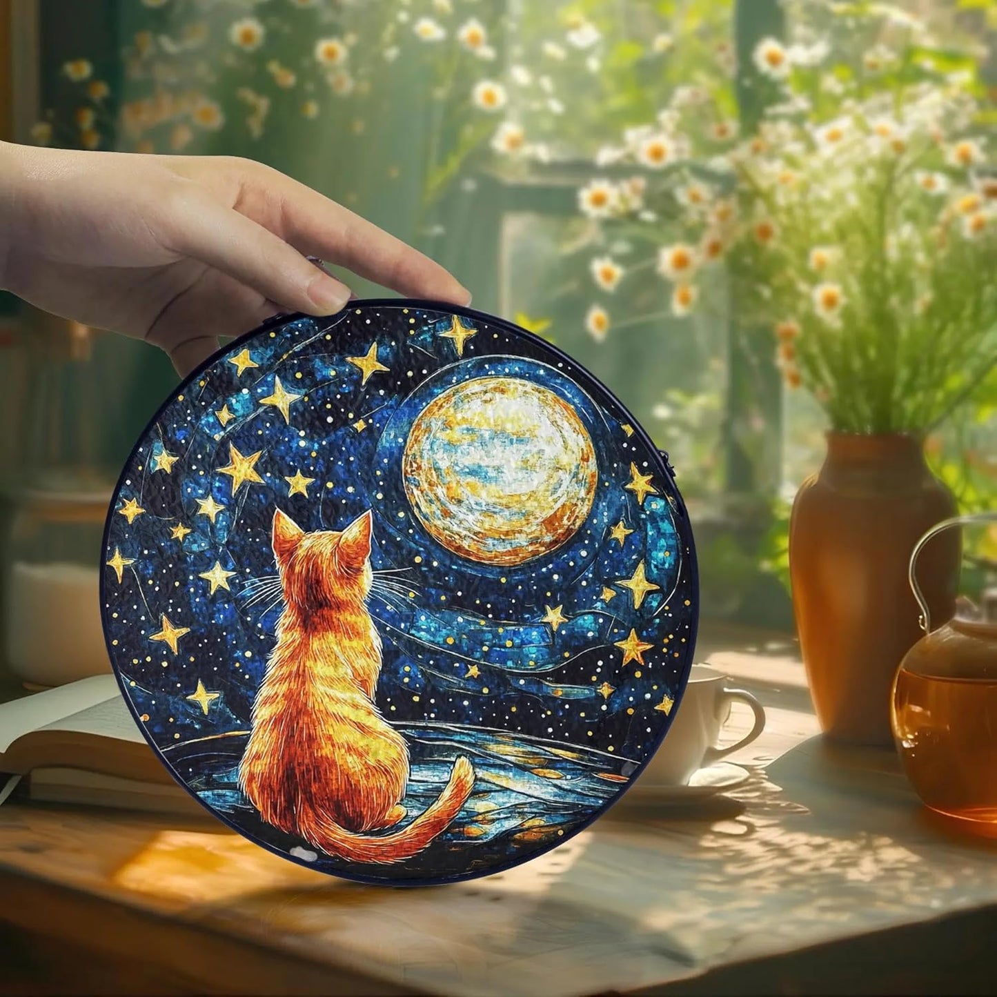 Orange Cat Stained Glass Suncatcher, Starry Night Orange Cat Lovers Gifts Window Hanging Garden Decor, Memorial Pet Loss Sympathy Gift Christmas Birthday for Grandma, Friends, Women