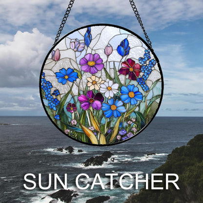 Stained Glass Window Hanging Blue Purple Wildflowers 6.3" - Suncatcher Door Garden Sunroom Sun Catcher Home Decor Birthday Christmas for Mom Men Woman Nana Friend