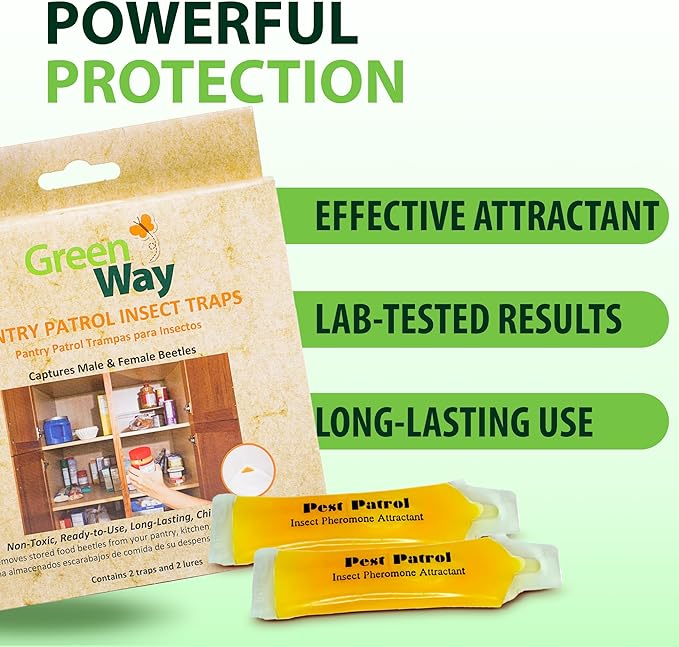 Greenway Pantry Patrol Traps, Non-Toxic Pantry Moth and Insect Control, Gel-Based for Flour Beetles, Grain Storage, and Kitchen Use, 6 Packs (Includes 12 Traps and 12 Lures)