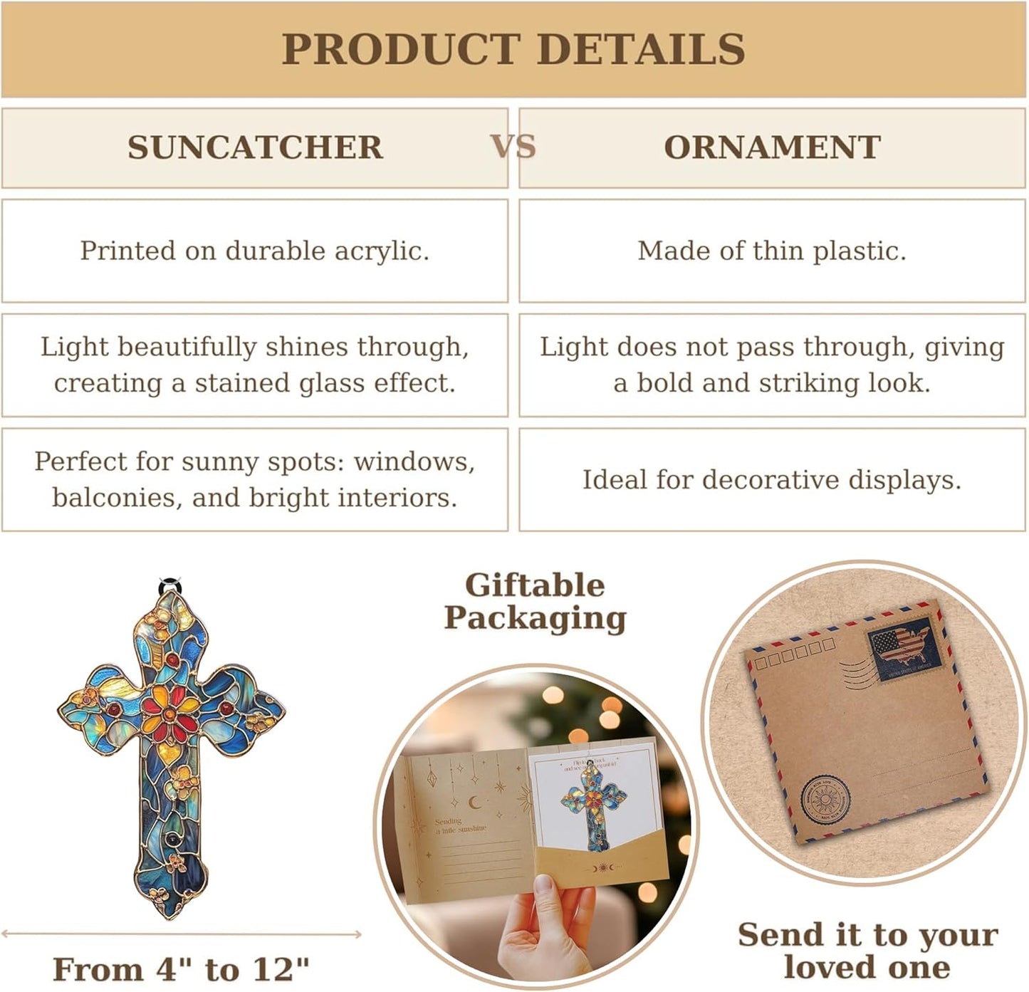 Christianity Cross Acrylic Suncatcher Stained Glass Effect Window Car Hanging Ornament Indoor Outdoor Christian Decor Garden Sun Catcher for Family Christmas Jesus Gift for Women Mom Grandma