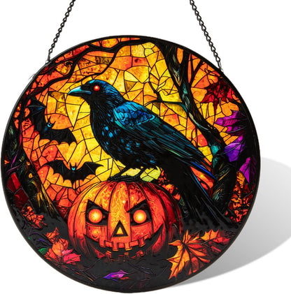 Stained Glass Window Hanging, Halloween Decorations Evil Crow Pumpkin Maple Leaf Suncatcher for Doors Garden Indoor Funny Spooky Sun Catchers Gothic Decor for Women, Men, and Mom 8 in