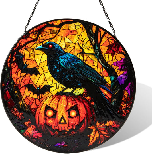 Stained Glass Window Hanging, Halloween Decorations Evil Crow Pumpkin Maple Leaf Suncatcher for