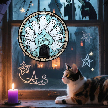 Stained Glass Window Hanging - Halloween Decorations Ghosts Tombstones Suncatcher for Doors Garden Indoor Spooky Funny Sun Catchers Gothic Decor Horror Gifts for Women Men Friend 6.3 in