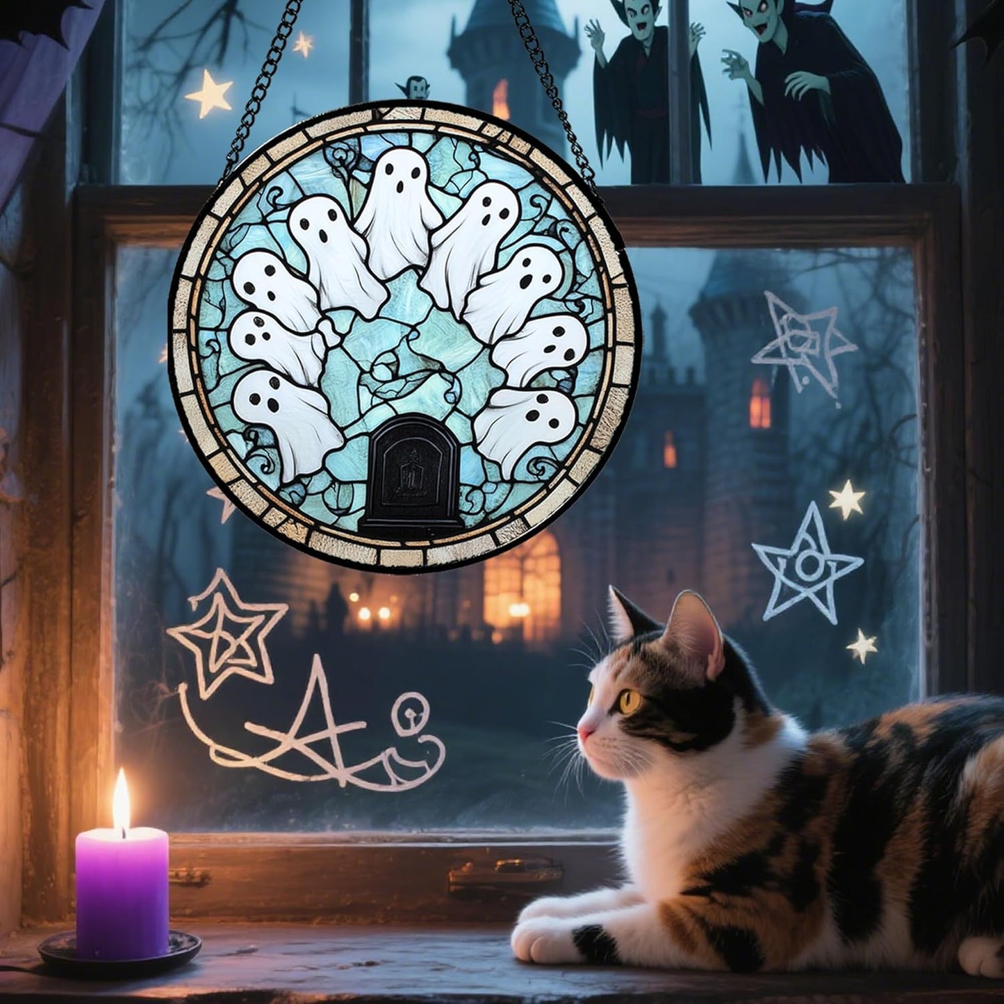 Stained Glass Window Hanging - Halloween Decorations Ghosts Tombstones Suncatcher for Doors Garden Indoor Spooky Funny Sun Catchers Gothic Decor Horror Gifts for Women Men Friend 15 in