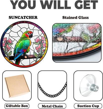 6" Parrot and Flowers Stained Glass Suncatcher Art Glass Bird and Flower for Sun Catcher Indoor Window Gift for Pet Animal Nature Floral Lover Women Mom Friend Painted Glass Panel Décor BIRD-03B-SG6