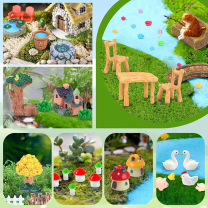 50 Pcs Fairy Garden Miniatures Accessories Bridge House Landscape Water Well Animal Fence Tree Sand Chair Table Pond Mushroom Lawn Ornament for DIY Craft Mini Garden Scenery Succulent Decor