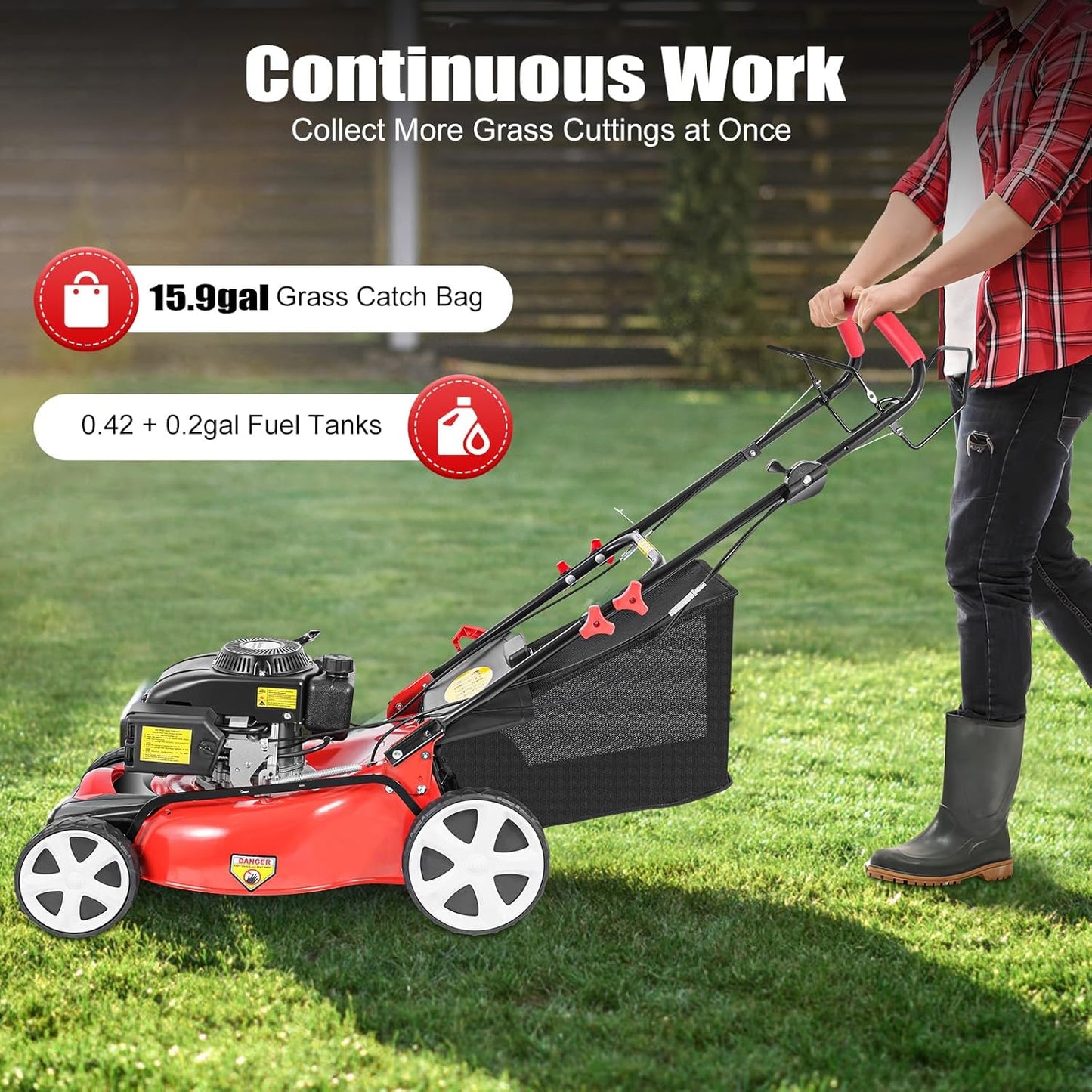 5Hp 4 Stroke Gas Push Lawn Mower, Self-Propelled Gas Powered Lawn Mower with Bagger, 20-inch & 140CC Gas Mower, 8 Adjustable Heights for Small to Medium Sized Yards