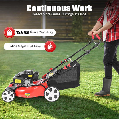 5Hp 4 Stroke Gas Push Lawn Mower, Self-Propelled Gas Powered Lawn Mower with Bagger, 20-inch & 140CC Gas Mower, 8 Adjustable Heights for Small to Medium Sized Yards