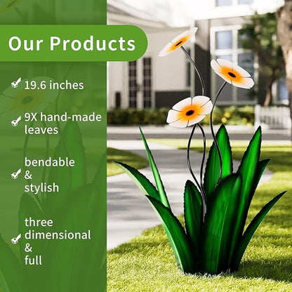 Upgraded Large Metal Yard Art, Agave Plant Yard Decorations, Outdoor Sculpture, Flowers for Outside, Waterproof Garden Decor (Green + Blue Flower)