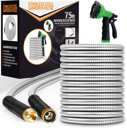 Garden Hose 75ft, Stainless Steel Heavy Duty Water Hose with 10 Function Nozzle Flexible, Lightweight, No-Kink, Pet Proof, Puncture Proof Metal Hose for Yard, Outdoor
