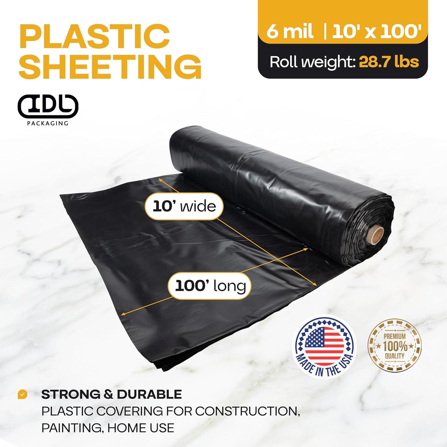Black Construction Plastic Sheeting 6 mil, 10' x 100' (1000 sq. ft.) - Heavy Duty Plastic Cover for Construction & Painting - LDPE Film Roll - Heavy Duty Plastic Sheeting Roll by IDL Packaging