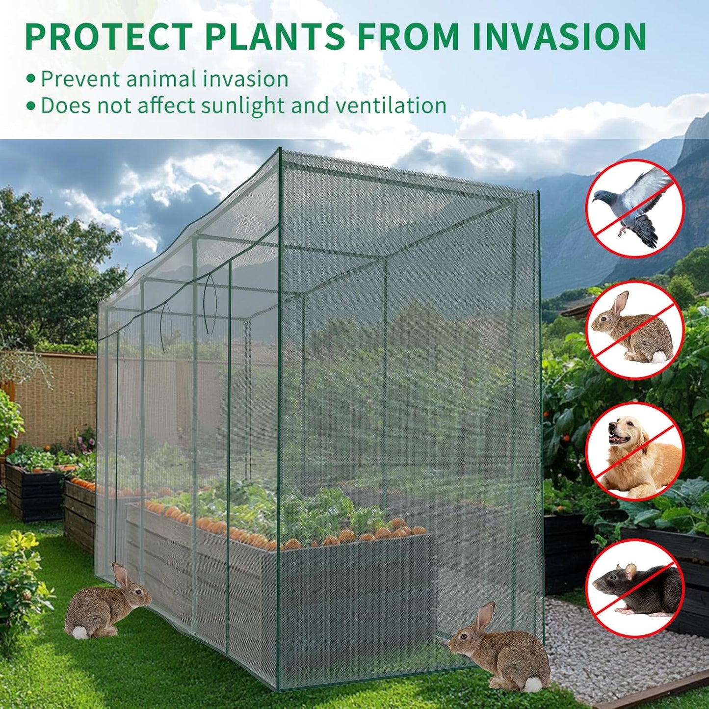 SUNYRISY Garden Plant Netting Crop Cage for Garden Raised Bed, 11.8 x 4 x 6 Ft Plant Cover Cage Protectors from Animal for Outdoor Plants with Frame and Zippered Door