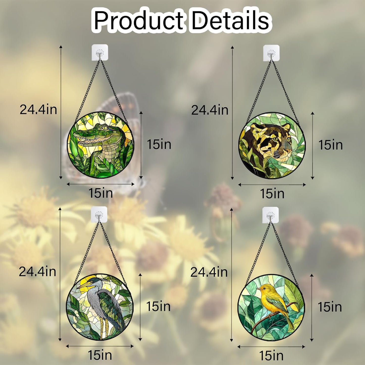 Stained Glass Window Hanging 4 Pcs Set Green Plants Animals Theme Large 15" - Bird Tiger Suncatcher Door Garden Sun Catcher Decor Birthday for Mom Woman Nana Men Friend