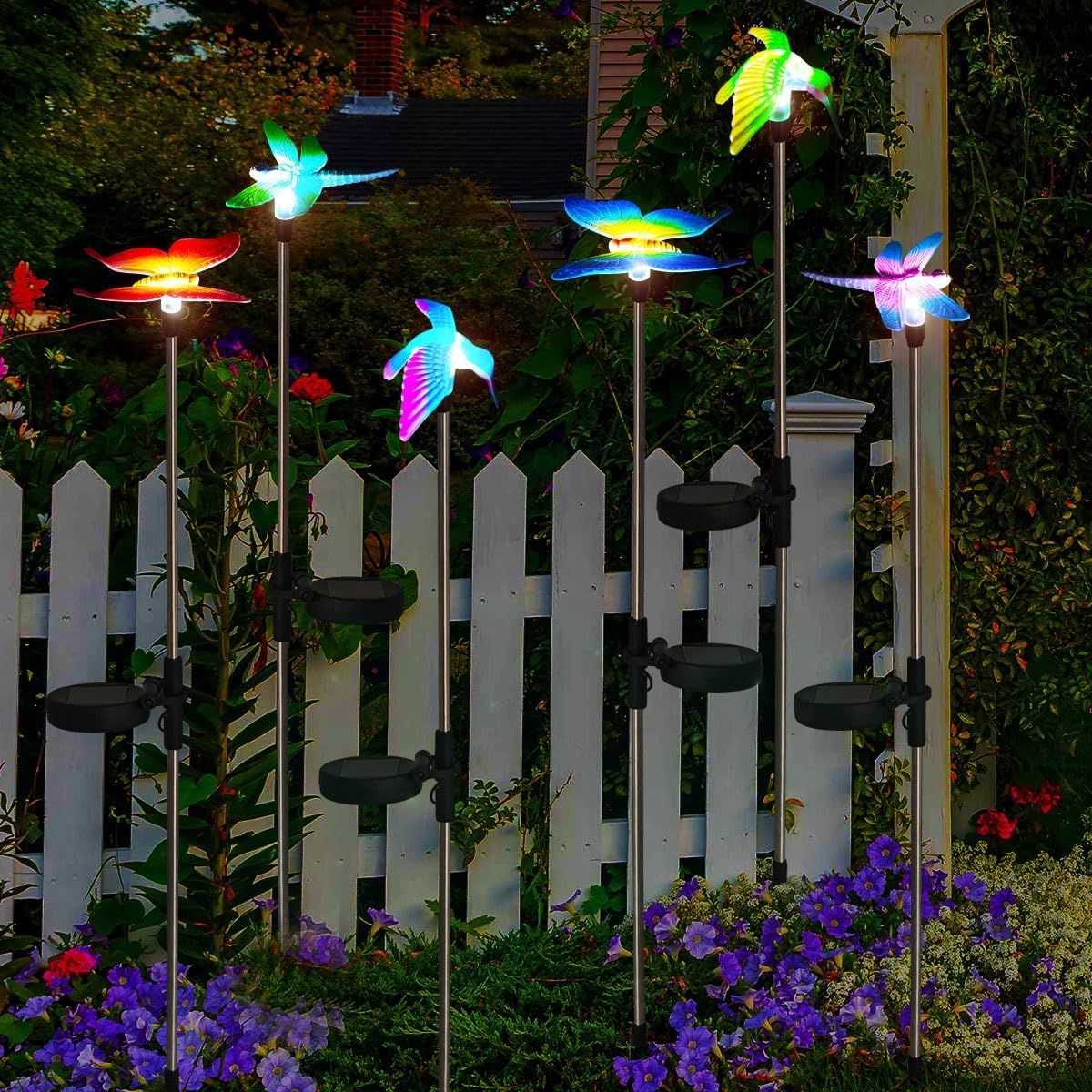 EiGreen 6 Pack Solar Garden Stake Lights Outdoor, Yard Figurine Stake Light, Flower Hummingbird Dragonfly Butterfly for Patio Yard Pathway Decoration (Garden)