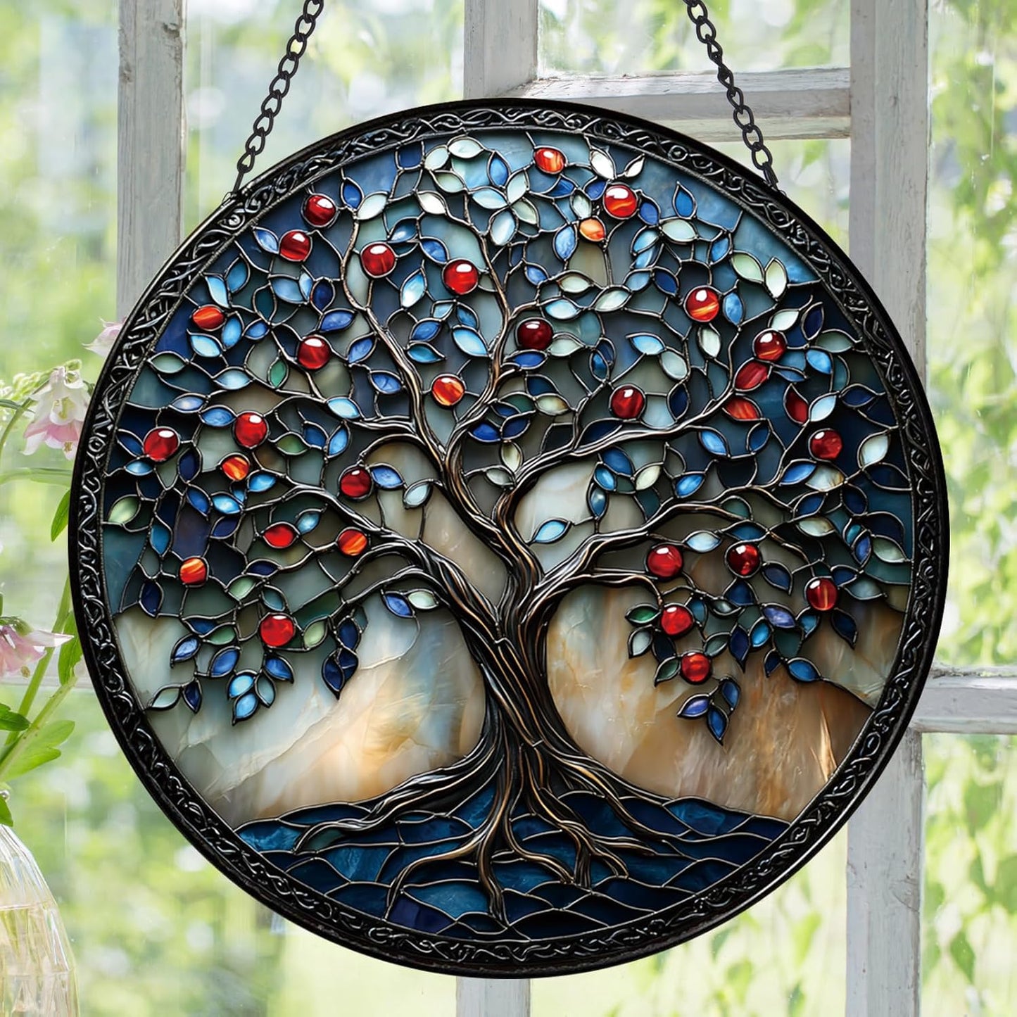 Colorful Tree of Life Suncatcher -7.9 in Stained Glass Window Hanging Sun Catcher Garden Decor