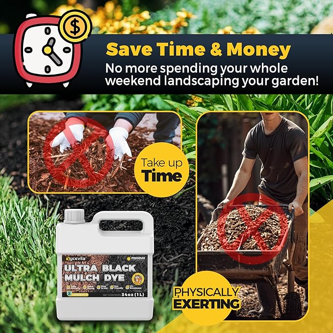 32oz Concentrated Ultra Black Mulch Dye with Gloves, Liquid Rubber Dye Spray Covers up to 3,600 Sq. Ft, Long-Lasting Finish Black Bark Paint for Mulch Restoration and Enhancement Landscaping