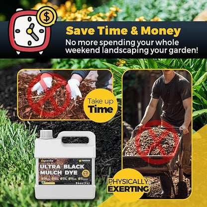 32oz Concentrated Ultra Black Mulch Dye with Gloves, Liquid Rubber Dye Spray Covers up to 3,600 Sq. Ft, Long-Lasting Finish Black Bark Paint for Mulch Restoration and Enhancement Landscaping