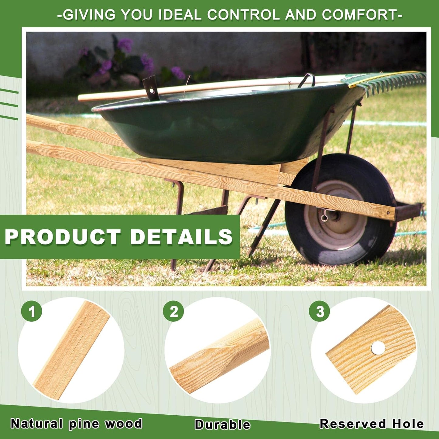 Gisafai 2 Pairs Wood Wheelbarrow Handles 60'' Heavy Duty Hardwood Wheelbarrow Replacement Handles Kit with Tough Seal Coat and Pre Drilled Holes
