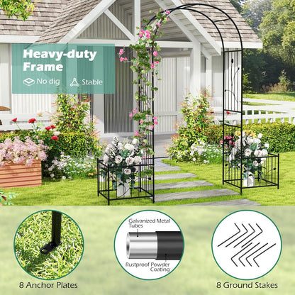Moccha Garden Arbor with Planters - 86'' Metal Arbor Trellis for Climbing Plants, Ivy, Vines, Outdoor Archway Pergola with 8 Ground Stakes, Garden Arch for Wedding Ceremony Decoration Lawn Patio