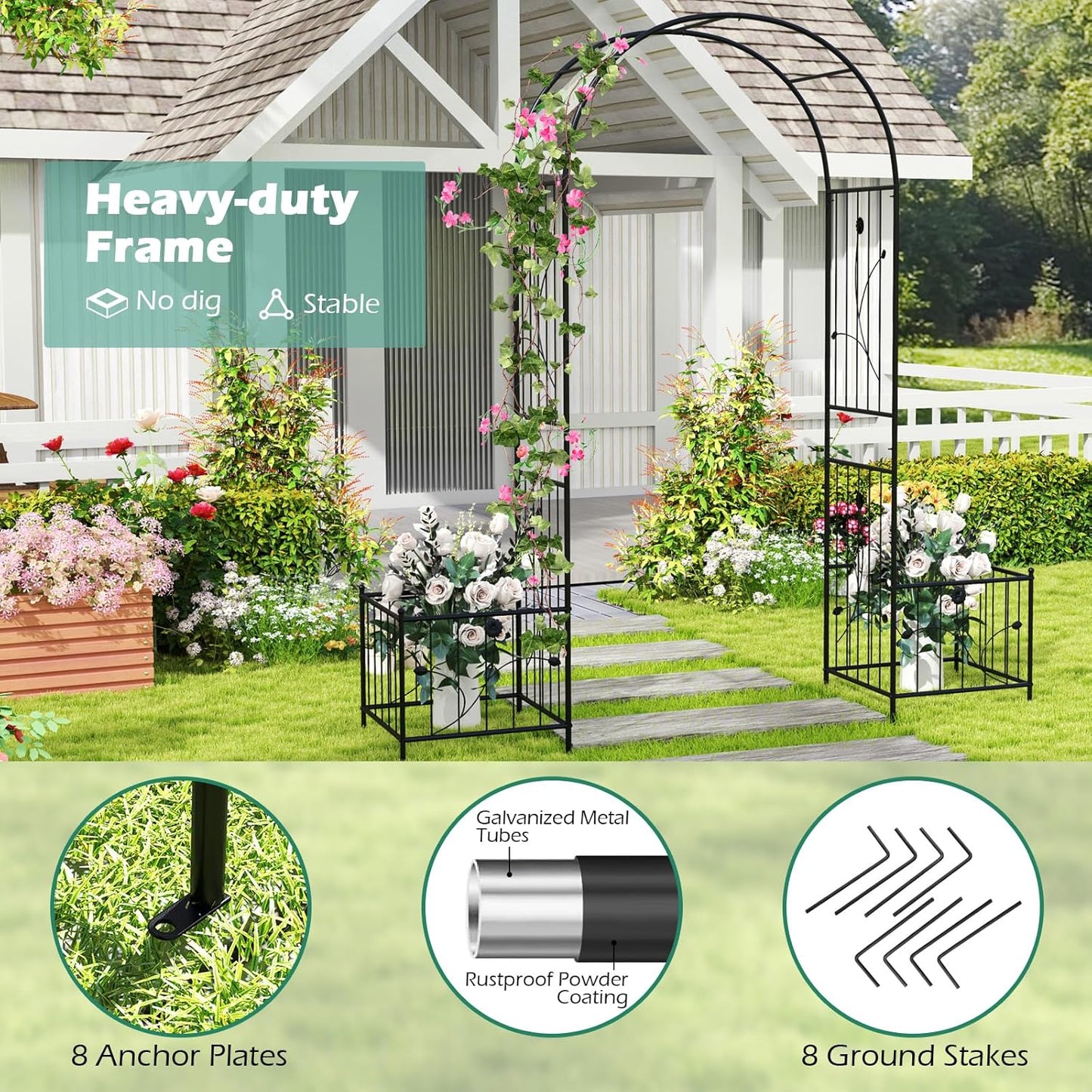 Giantex Garden Arch Trellis with Planters, 86'' Metal Arbor Pergola for Climbing Plants Rose, Heavy-Duty Outdoor Archway for Wedding Party Ceremony Pathway Garden Yard Lawn Decoration