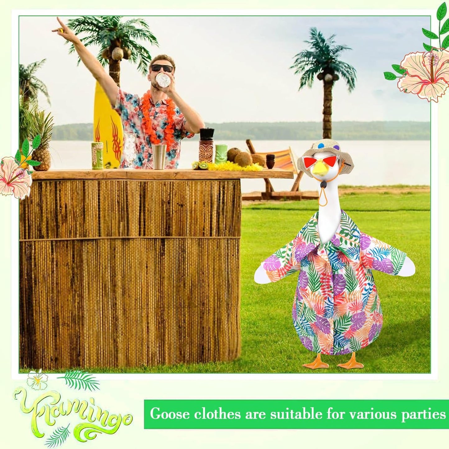 Hawaiian Porch Goose Outfits, Summer Lawn Goose Outfit with Sunglasses & Hat, Yard Goose Clothes and 3 Pcs/Set Goose Costume for 23" 17" Statue Patio Garden Decoration