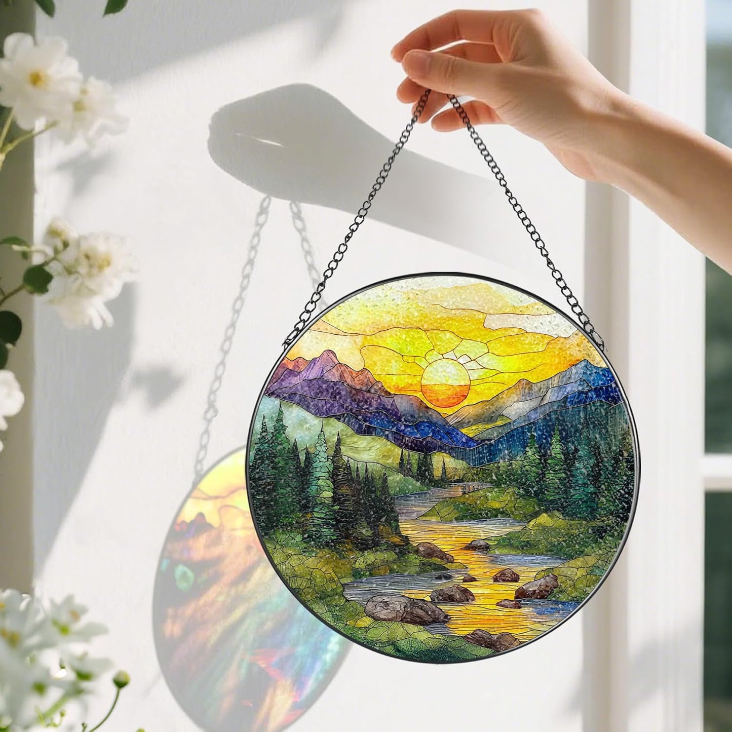 8-Inch Stained Glass Ornament, Nature Suncatchers for Window Hanging, Window Hanging Decor Suncatcher, Mountain Range Ornament | Holiday, Mother’s Day, Christmas, Housewarming | Gifts for Mom &Friend