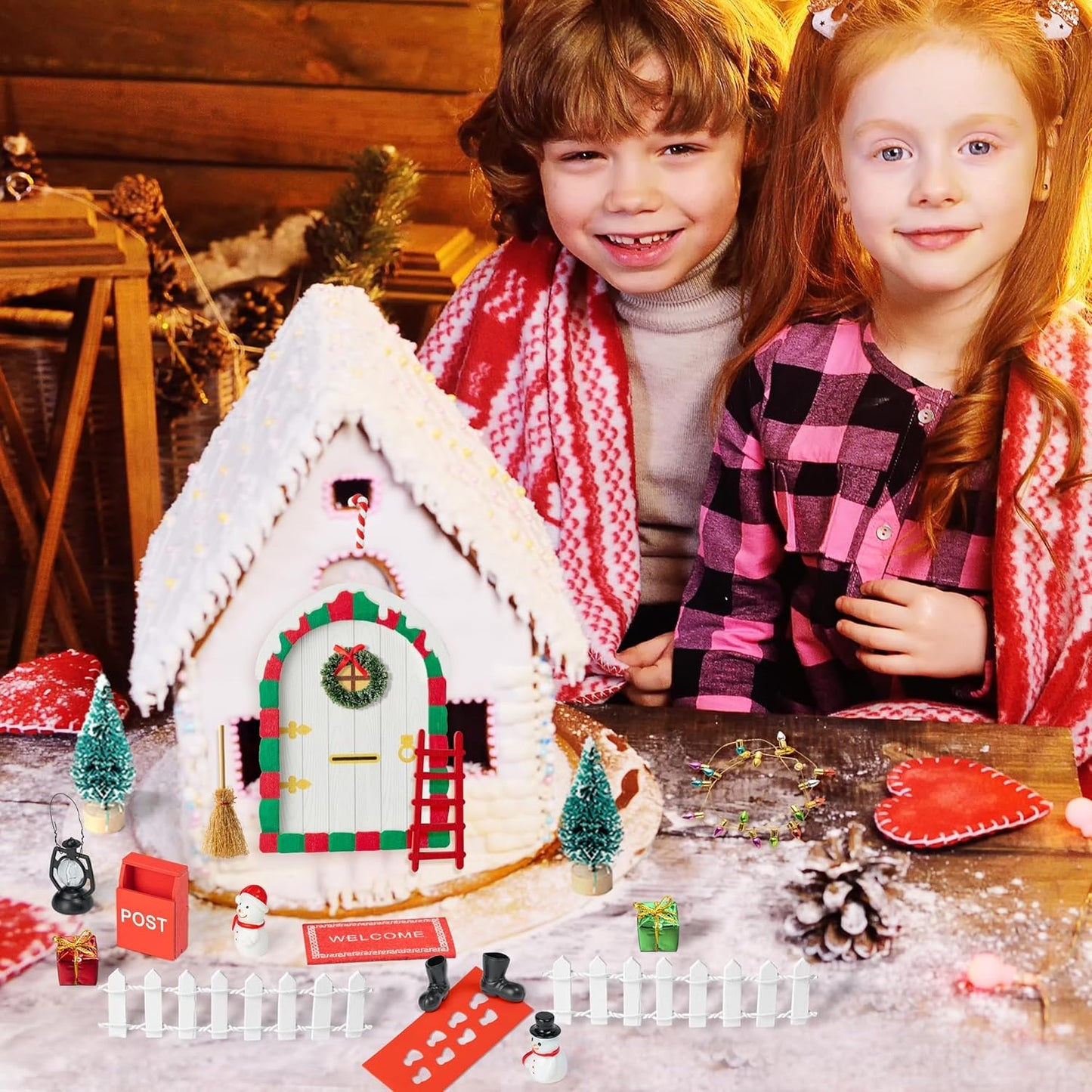 Haooryx Christmas Elf Garden Miniatures - 22Pcs Christmas Magic Fairy Doors Decoration Kit Wooden Miniature Fairy Doors Xmas Elf Magic Door Wall Fairies Xmas Winter Xmas New Year Decor(White Door)