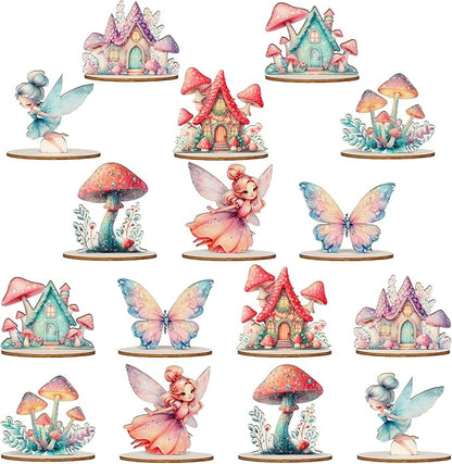 16 Pcs Fairy Party Decorations Wooden Fairies Centerpieces Table Topper Vintage Fairies Mushroom Butterfly Decorations for Home Table Woodland Forest Birthday Party Decor